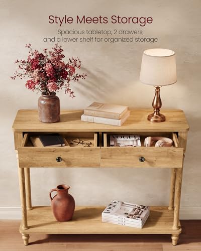 VASAGLE Mariel Collection - Console Table, Narrow Entryway Sofa Table with Drawers and Shelf, Solid Wood Legs, Mid-Century Modern, for Hallway Doorway Living Room, Natural Brown ULNT139K301S - color: Natural Brown