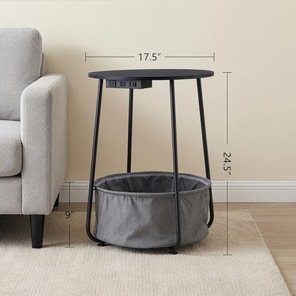 Round Side Table with Charging Station & USB Ports, Modern End Table Nightstand with Fabric Storage Basket, Matte White & Camel Brown Accent Table for Living Room, Bedroom (Black) - color: Black