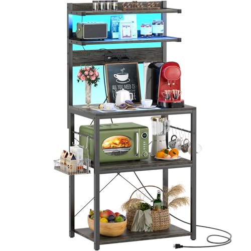 Aheaplus Bakers Rack with Power Outlet, Microwave Stand, 5 Tiers Coffee Bar Station with Led Lights, Kitchen Storage Shelf with 6 S-shaped Hooks, Kitchen Rack for Spices, Pots and Pans, Black Oak - color: Black Oak, size: 23.6 inch