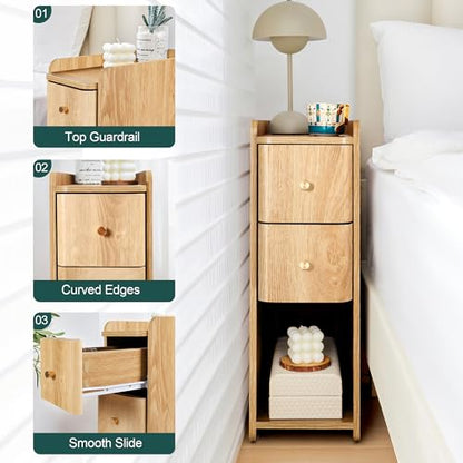 Narrow End Table Bedroom, Wooden Small 2 Drawer Nightstand, Thin Couch Side End Table, Skinny Bedside Table Small Spaces, Mid Century Modern Night Stand with Drawers (Natural-1 pc) - color: Natural-1 Pc
