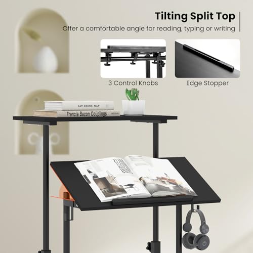 Tangkula Mobile Standing Desk, Height-Adjustable Laptop Podium Cart with Tilting Tabletop & Adjustable Angle, Rolling Stand Up Computer Desk with 2 Hanging Hooks & Lockable Casters for Home Office - color: Black