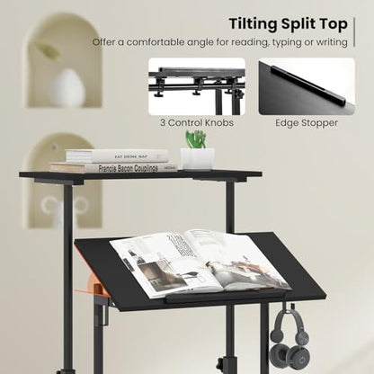 Tangkula Mobile Standing Desk, Height-Adjustable Laptop Podium Cart with Tilting Tabletop & Adjustable Angle, Rolling Stand Up Computer Desk with 2 Hanging Hooks & Lockable Casters for Home Office - color: Black
