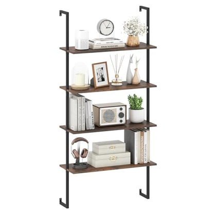 Tangkula 4-Tier Wall-Mounted Bookshelf, Industrial Floating Storage Display Shelves with Metal Frame, Wall-Mounted Ladder Wooden Bookcase for Living Room, Kitchen, Bar, Office (1, Brown) - color: Brown