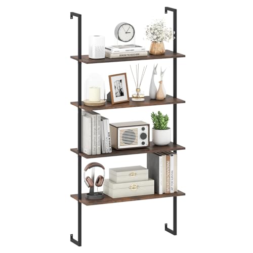 Tangkula 4-Tier Wall-Mounted Bookshelf, Industrial Floating Storage Display Shelves with Metal Frame, Wall-Mounted Ladder Wooden Bookcase for Living Room, Kitchen, Bar, Office (1, Brown) - color: Brown