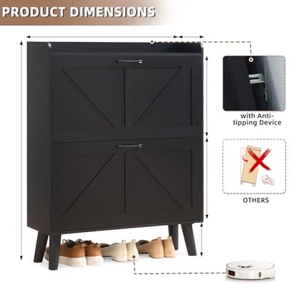 LEYAOYAO Shoe Cabinet Storage for Entryway with 2 Flip Drawers | Rack Narrow Organizer Slim Hidden Wood Shoe Cabinet Furniture - color: Black