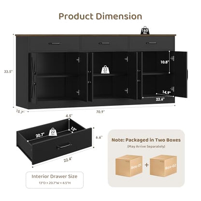 HOSTACK 71"W Farmhouse Kitchen Sideboard Buffet Cabinet with Storage, Black | Large Coffee Bar Cabinet with 3 Wide Drawers, Long Buffet Table with Shelves, Kitchen Storage Cabinet for Dining Room - color: Black