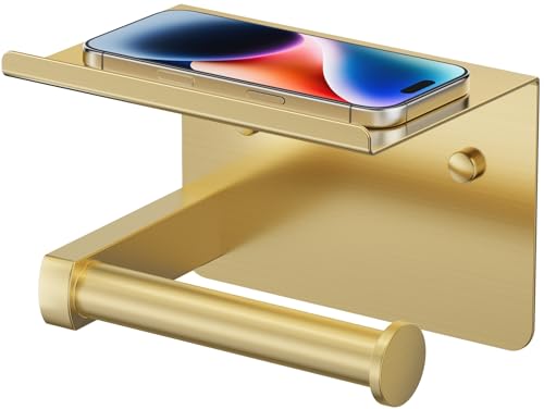 FORIOUS Toilet Paper Holder with Shelf, Adhesive or Screw Wall Mount Toilet Paper Roll Holder for Bathroom, 304 Stainless Steel Commercial Toilet Tissue Roll Dispenser with Phone Shelf (Brushed Gold) - color: Brushed Gold