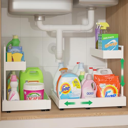 REALINN Expandable Under Sink Organizer with 6-Level Height Adjustment & Expandable Width, Pull-Out Cabinet Storage Rack with Quiet Sliding Rails for Kitchen, Bathroom, Laundry Room Cabinets, White - color: White, size: 2 Pack