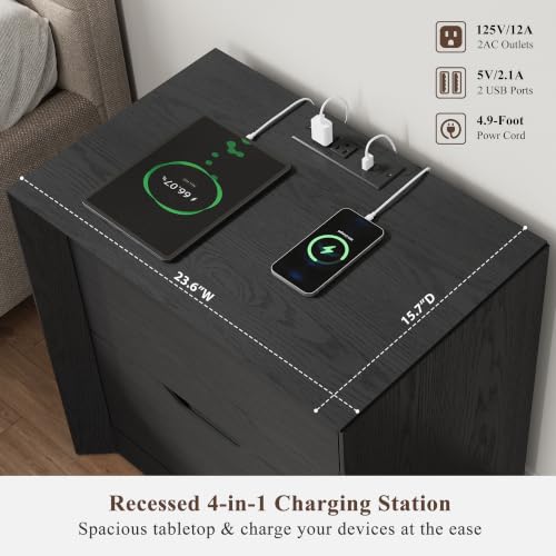 YANSNWO Black Nightstand Set of 2 with Charging Station, 23.6" Modern Bedside Table with Thickened Frame & Unique Panel, Mid Century Wood End Table for Bedroom, Living Room - color: Black, size: 15.6"D x 23.6"W x 23.6"H (2 Drawers/2 Piece)