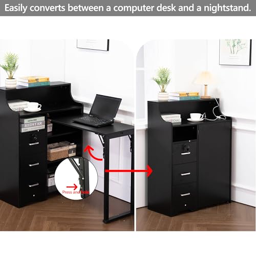 Folding Desk with Storage,Hidden Desk with Lockable Drawers & Shelves, Built-in Power Outlet,Fold Out Desk for Study and Home Office - color: Black