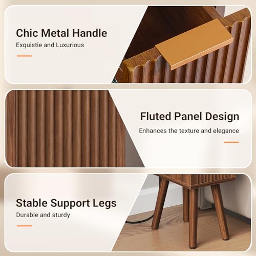 Narrow Nightstand Set of 2 with Charging Station, Small Side Table, Walnut | 7.9" Wide Fluted Design, 2 Drawers, Solid Wood Feet, Open Shelf, USB & AC Charging, Slim End Table for Small Spaces, Bedroom - color: Walnut-2 Pcs
