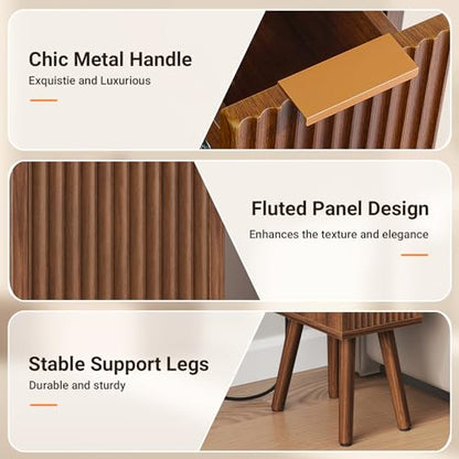 Narrow Nightstand Set of 2 with Charging Station, Small Side Table, Walnut | 7.9" Wide Fluted Design, 2 Drawers, Solid Wood Feet, Open Shelf, USB & AC Charging, Slim End Table for Small Spaces, Bedroom - color: Walnut-2 Pcs
