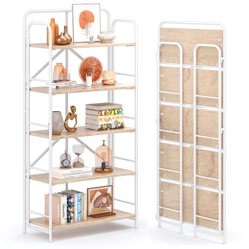 4NM No Assembly Folding Bookshelf, 5 Tiers Collapsible Book Shelves Open Industrial Foldable Storage Bookcase Shelf for Bedroom, Living Room, Home Office - Natural and White - color: Natural and White, size: 5 Tiers