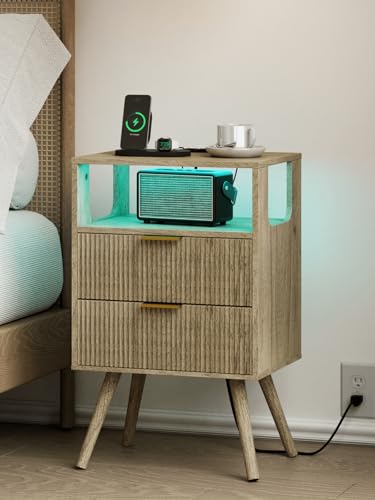 Leomonio Nightstand with Charging Station and LED Lights, Modern Bedside Table with 2 Storage Drawer and Open Wood Shelf for Bedroom and Small Spaces, Night Stand with Solid Wood Legs - color: Grey Oak-outlet