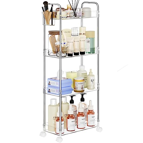 SPACEKEEPER Acrylic Rolling Storage Cart 4 Tier Clear Bathroom Cart Organizer, Transparency Rolling Utility Cart Laundry Room Organization Multifunction Mobile Shelving Unit for Office, Living Room - size: 4 Tier