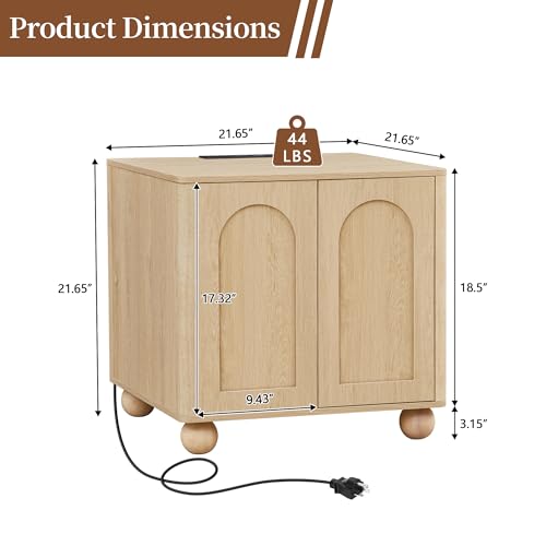 Samll Square Side Table with Charging Station, Mid Century Modern Nightstand with Storage for Bedroom Bed, Small Accent Table with Doors for Living Room Couch Sofa Chair, Office Desk - Natural - size: Natural-door