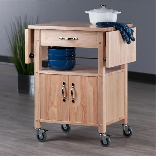 Pemberly Row Solid Wood Butcher Block Kitchen Cart, Natural Finish, Drop Leaf Countertops, Storage Cabinet with Drawer and Shelf, 43.27" W x 20.16" D x 33.27" H, Transitional Style for Kitchen Use