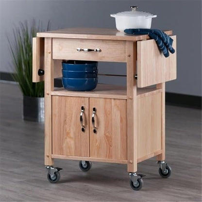Pemberly Row Solid Wood Butcher Block Kitchen Cart, Natural Finish, Drop Leaf Countertops, Storage Cabinet with Drawer and Shelf, 43.27" W x 20.16" D x 33.27" H, Transitional Style for Kitchen Use