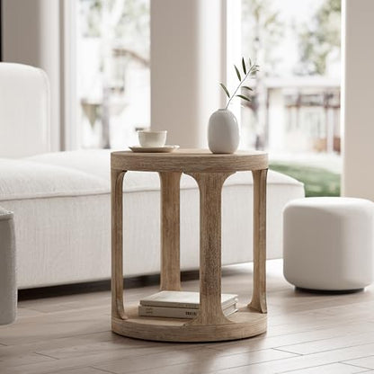 COZAYH Farmhouse Small End Table Coastal Low Wood Side Table, Wood Grey | Rustic Round Pedestal Table for Small Space, Living Room, Office, Couch, Distressed Finish