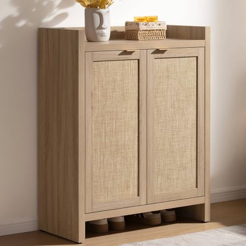 SICOTAS Shoe Cabinet, 24 Pair Shoe Storage Organizer Cabinet, 41" Tall Rattan Shoe Cabinet with Doors and Shelves, 6-Tier Farmhouse Boho Wooden Storage Cabinet for Entryway Hallway Closet, Light Oak - color: Reclaimed Light Oak, size: 1 Piece