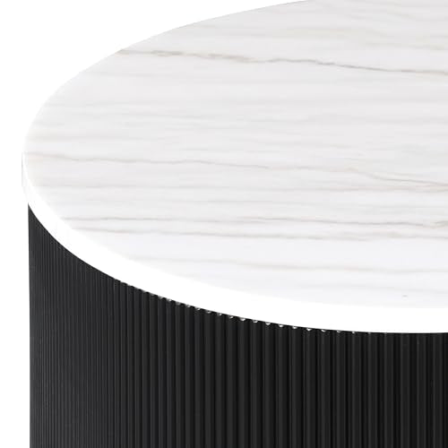 Furniture of America Beryl Modern Round White Genuine Marble Top Coffee Table with Fluted Pedestal Base and Gold Stainless Steel Accent, Low Profile Table for Living Room, Home Office, Black - size: Coffee table, style: Round