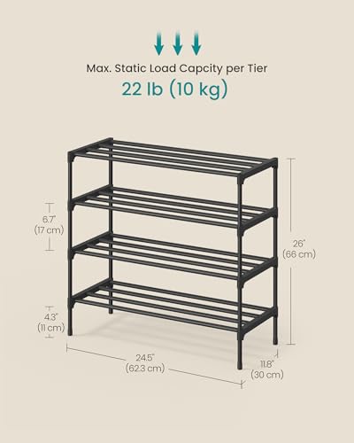 SONGMICS 4-Tier Shoe Rack for Closet, Compact Metal Shoe Organizer Shelf for Entryway, Bedroom, Small Spaces, Stackable, 11.8 x 24.5 x 26 Inches,Black ULSA124BH01 - size: 4 Tiers (24.5"W)