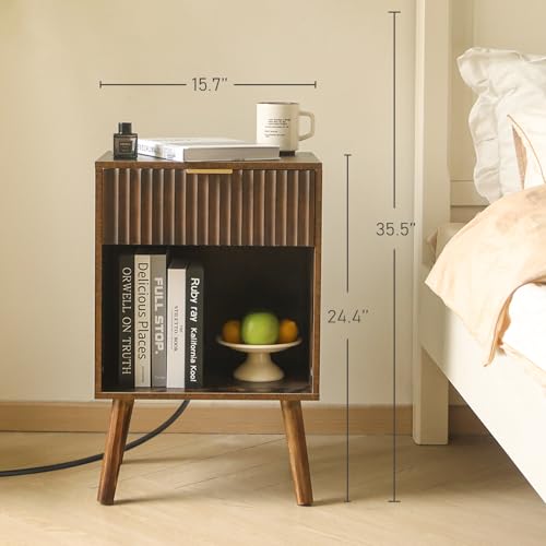 Fultyle Mid Century Modern Nightstand with Charging Station, Modern Bedside Table with Fluted Drawer and Storage Shelf, End Side Tables Living Room for Bedroom, Office (Rustic Brown) - color: Rustic Brown With Charging Station