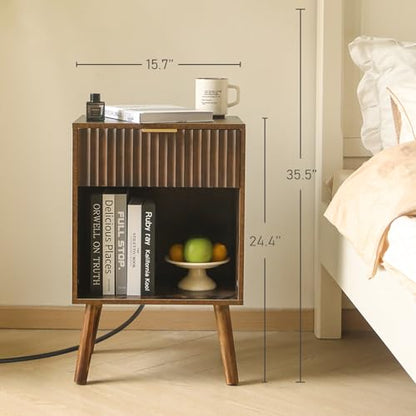Fultyle Mid Century Modern Nightstand with Charging Station, Modern Bedside Table with Fluted Drawer and Storage Shelf, End Side Tables Living Room for Bedroom, Office (Rustic Brown) - color: Rustic Brown With Charging Station