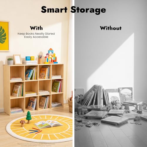 12-Cube Solid Wood Bookshelf, 3-Tier Storage Organizer Semi-Open Floor Display Shelf Closet Cabinet for Home Office Library School, 12" D x 47" W x 35" H - size: 12-Cube, 12"D x 47"W x 35"H