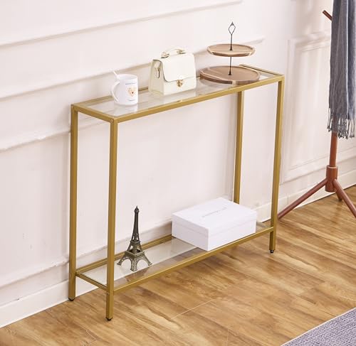 MAJARO Small Modern Console Table for Entryway, Tempered Glass with Metal Frame Sofa Table for Living Room, Hallway, Office (Double-Layer, Gold) - color: Gold, style: Double-layer