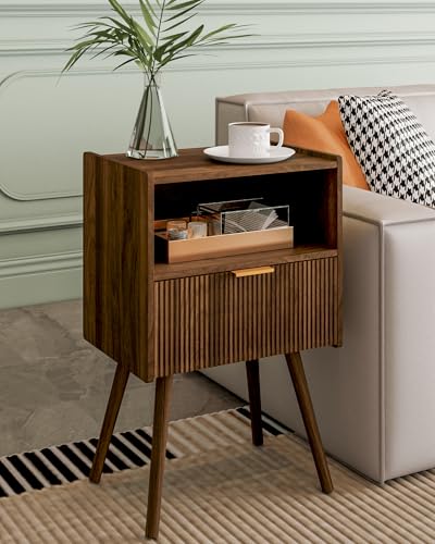 Veegle Nightstand,Modern Bedside Table with Storage Drawer and Open Wood Shelf, Accent Night Stand with Solid Wood Legs for Living Room, Bedroom and Small Spaces,Easy Assembly (Walnut Brown) - color: Walnut Brown-2