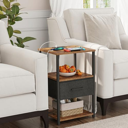 TUTOTAK Nightstand Set of 2, Night Stand with Charging Station, End Table, Bedside Table with Fabric Drawer, Side Table for Livingroom and Bedroom, Brown TB01BB0692 - color: Brown, style: Plug