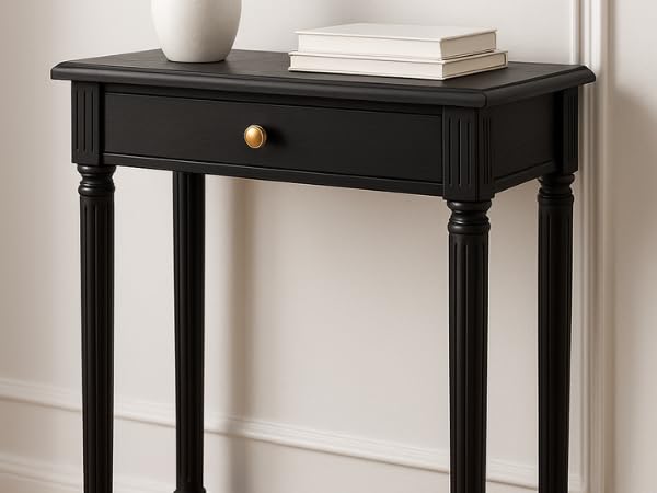 East at Main Lenora Black Narrow Console Table for Entryway with Drawer | 23.75-inch slim hallway table with cane shelf, solid wood frame, French country accent furniture for small spaces - color: Black