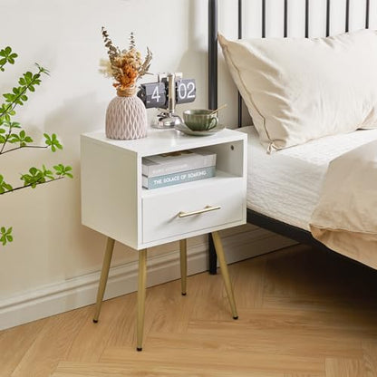IBUYKE Nightstand, Mid Century Modern Night Stand, Bedside Table with Drawers and Open Storage Shelf, End Side Table with Metal Legs, for Bedroom, Small Spaces, White UWNS004W - color: White