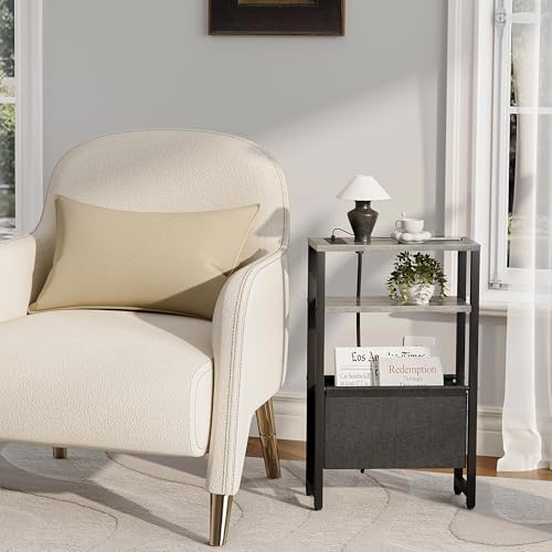 Narrow Side Table with Charging Station Slim End Table Sofa with Magazine Rack, Bedside Table for Small Spaces, 3 Tier Nightstand for Living Room Couch, Bedroom Oak Grey LET503QE - color: Oak Grey, style: With Charging Station