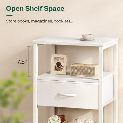 Huuger Nightstand Set of 2, Night Stand with Fabric Drawer, Mesh Shelf, Side Table with Storage, Fabric Drawer Dresser, Open Shelf, Metal Frame, Bedroom, White - color: White