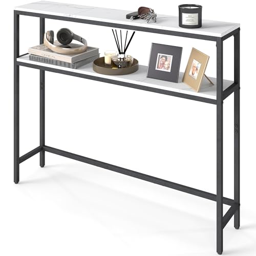 VASAGLE Console Table, 2-Tier Narrow Sofa Table with 2 Shelves, 7.9 x 39.4 x 31.5 Inches, for Living Room, Hallway, Entryway, Marble White and Ink Black ULNT131W59V1 - color: Marble White + Ink Black, size: 39.4"W - Without Power Outlet