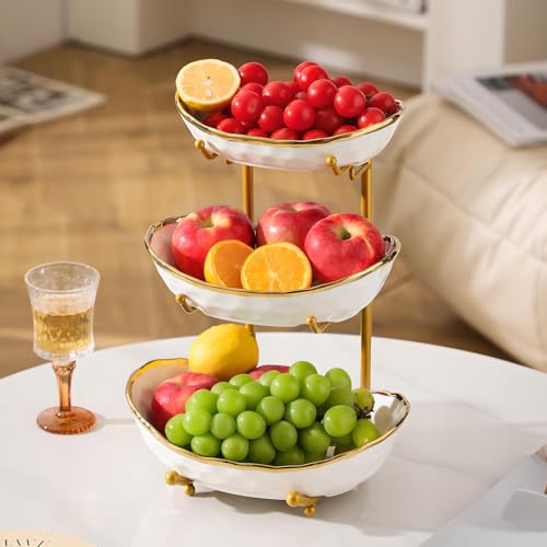 YYW 3 Tier Fruit Bowl for Kitchen Counter, White Gold Silver Ceramic Fruit Stand for Countertop, Home Fruit Rack with Metal Holder, Vegetable Snacks Nuts Bread Candy Storage (Gold (Gold Holder)) - color: Gold (Gold Holder)