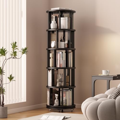 Solid Wood Rotating Bookshelf on Wheels, 5 Tier, Round Revolving Bookcase, 360° Spinning Book Shelf Tower for Kids, Narrow Rolling Bookshelves for Small Space, Corner, Bedroom, Office, Black - color: Black, size: 5 Tier