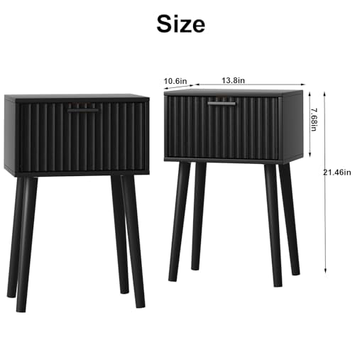 LAATOOREE Nightstands Set of 2, Small Side Table, Bedside Table with Fluted Door, Solid Wood Feet, Modern Mid-Century End Table for Bedroom, Small Space, Black - color: Black, style: Fluted Style