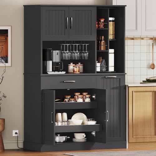 Pantry Cabinet, 67.7" Tall Kitchen Pantry Storage Cabinet with 360° Rotating Shelf & 2 Pull-Out Racks, Freestanding Kitchen Hutch with Charging Station & Drawer, for Dining Room, Black