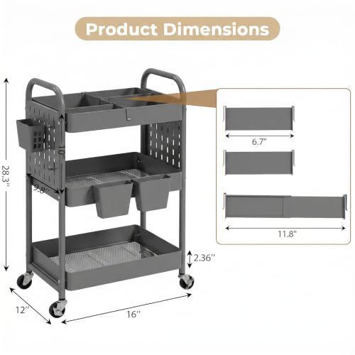 danpinera 3 Tier Rolling Cart with Retractable Dividers, Multi-Functional White Rolling Utility Cart with Pegboards, Hooks & Hanging Cups for Nursery, Living Room, Studio - color: Gray