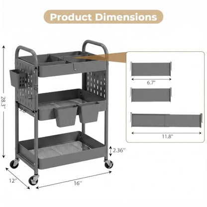 danpinera 3 Tier Rolling Cart with Retractable Dividers, Multi-Functional White Rolling Utility Cart with Pegboards, Hooks & Hanging Cups for Nursery, Living Room, Studio - color: Gray