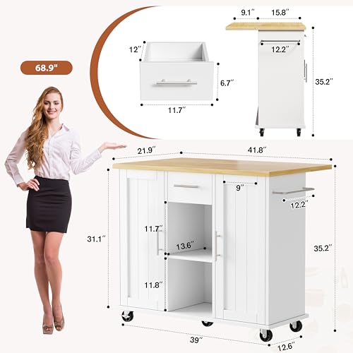 JY QAQA 42" Rolling Kitchen Island Cart with Storage, Drop Leaf Countertop, Drawers & Towel Rack, Mobile Kitchen Table on Wheels for Kitchen Dining Room, White - color: White