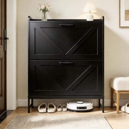 Shoe Cabinet with 2 Flip,Shoe Cabinet Storage,Shoe Organizer Cabinet,Black | Hidden Wood Shoe Cabinet,reestanding Shoe Rack Cabinet for Entryway Hallway - color: Black