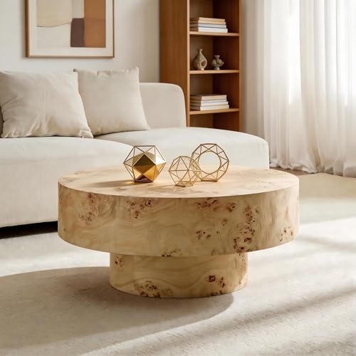 Coffee Table Round Wood 31.49" W X 13.77''h for Living Room Small Short Modern Coffee Tables Natural Burl Circle Drum Tea Center Cocktail Fluted Handcraft Home Furniture for Apartment Easy Assembly - color: 31.5 Natural Burl