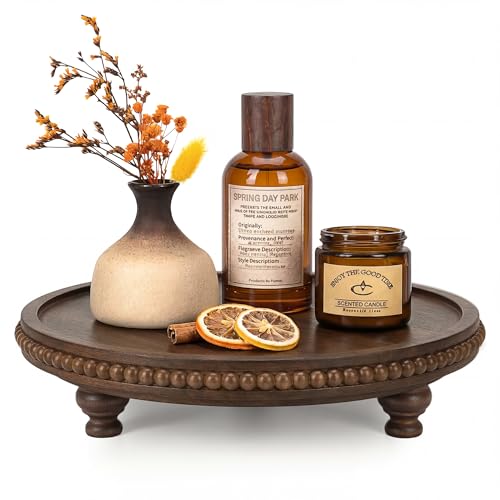 EOSAHR Acacia Wood Beaded Round Display Riser for Boho Decor – 3-Leg Wooden Pedestal Stand for Coffee Table, Cake Stand, Perfume Tray & Vanity Organizer – Riser for Decor (Dark Acacia) - color: Dark Acacia