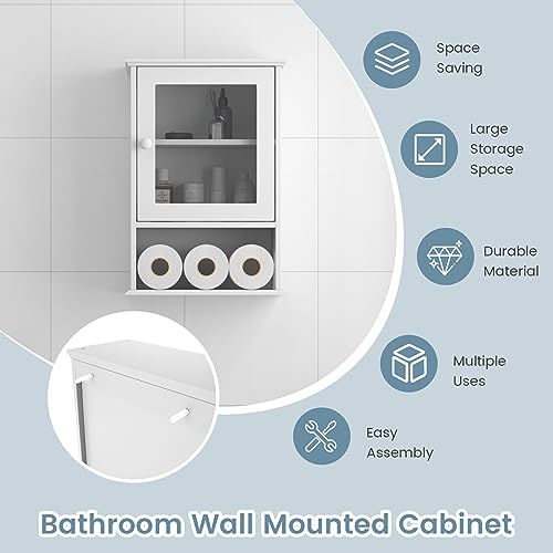 Tangkula Bathroom Cabinet, Wall Mounted Storage Organizer W/Door and Open Shelf, Hanging Medicine Cabinet, White