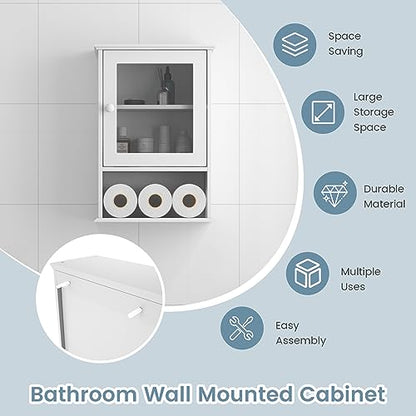 Tangkula Bathroom Cabinet, Wall Mounted Storage Organizer W/Door and Open Shelf, Hanging Medicine Cabinet, White