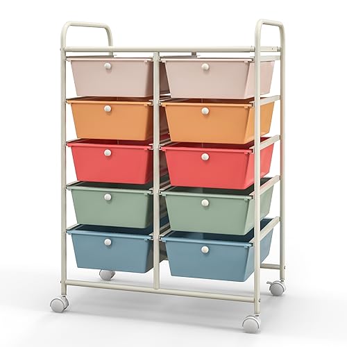10-Drawer Rolling Cart with Drawers, Storage Cart with Universal Wheel & Metal Frame, Multipurpose Mobile Trolley Utility Cart for Makeup Kitchen Office Play Room (Macaron) - color: Macaron